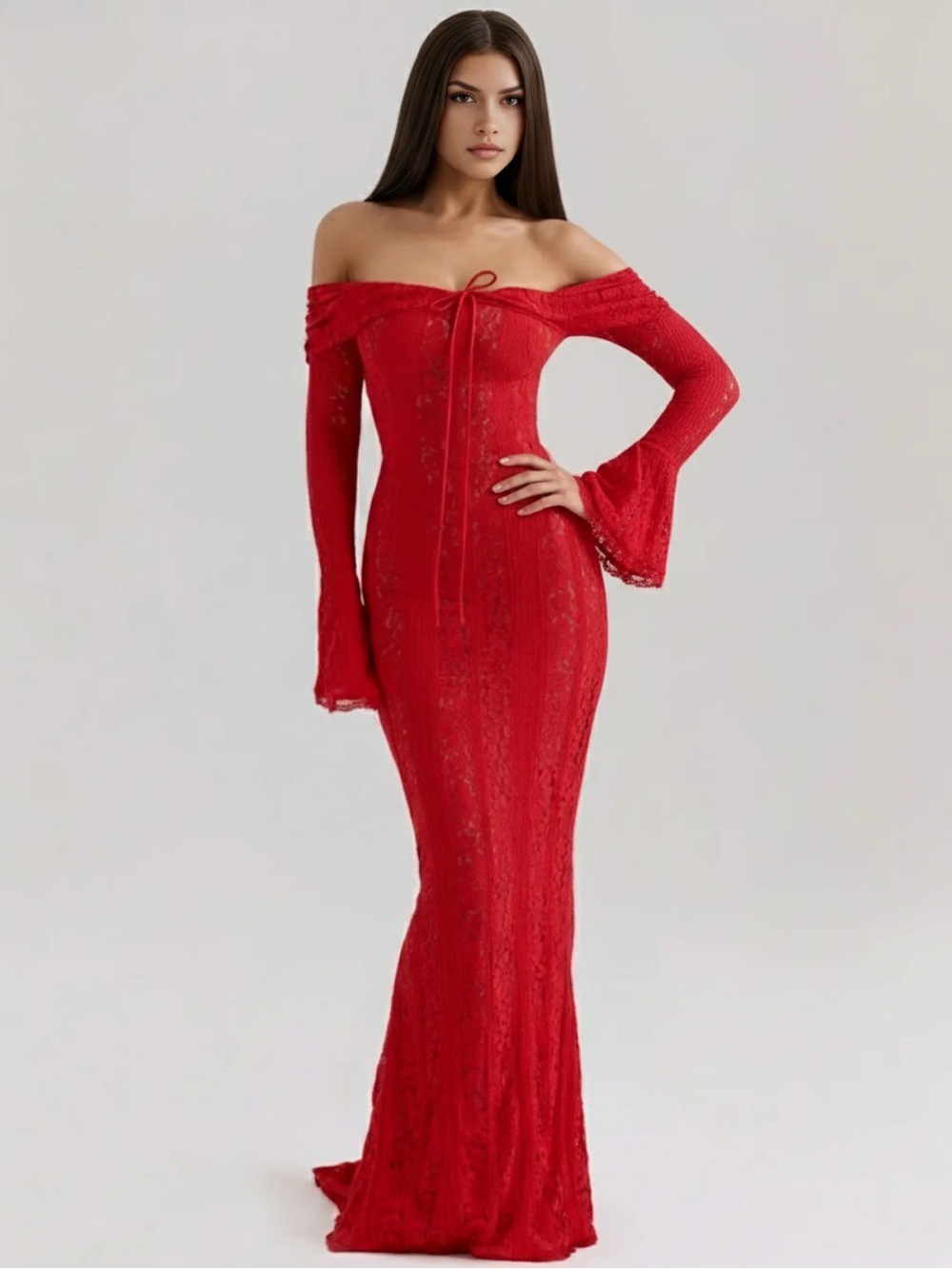 Almond Muse NWT 100% cotton Red lace maxi dress floor length size M.